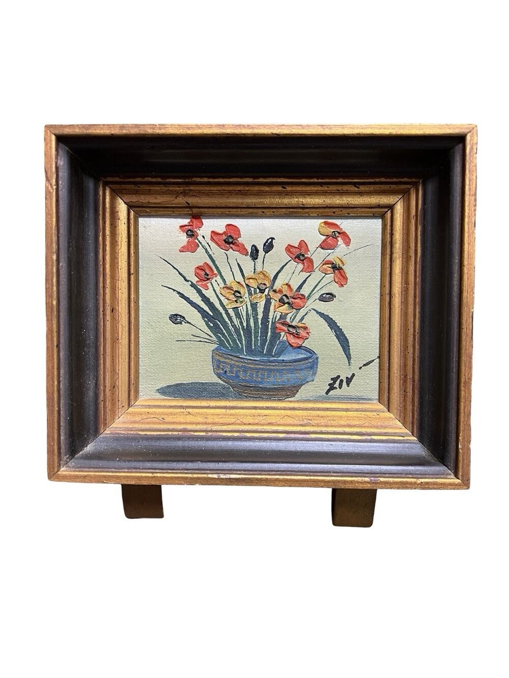 Vintage 1976 Signed Small Floral Still Life Oil Painting with Easel Stand 70's